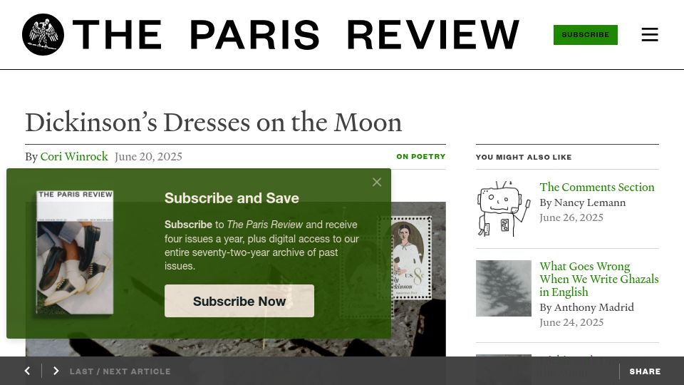 Screenshot of theparisreview.org: Dickinson's Dresses on the Moon