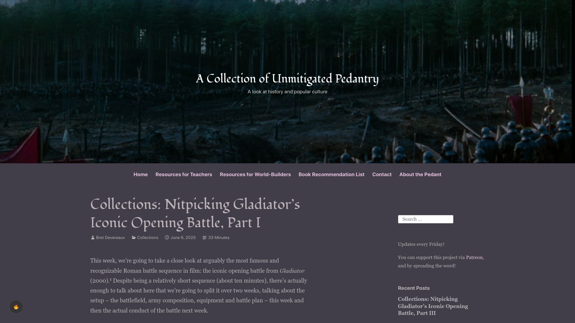 Screenshot of acoup.blog: Collections: Nitpicking Gladiator's Iconic Opening Battle, Part I