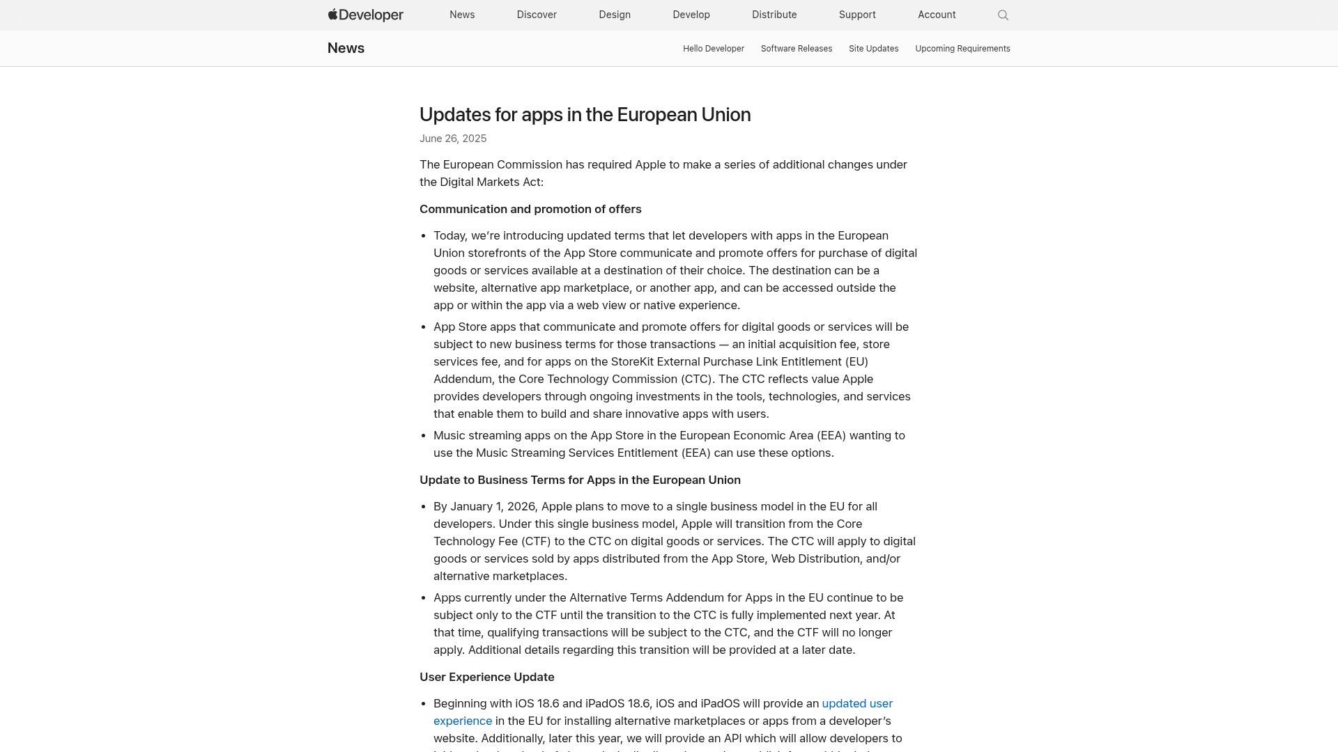 Screenshot of developer.apple.com: Apple Will Transition from the CTF to the CTC for EU Businesses
