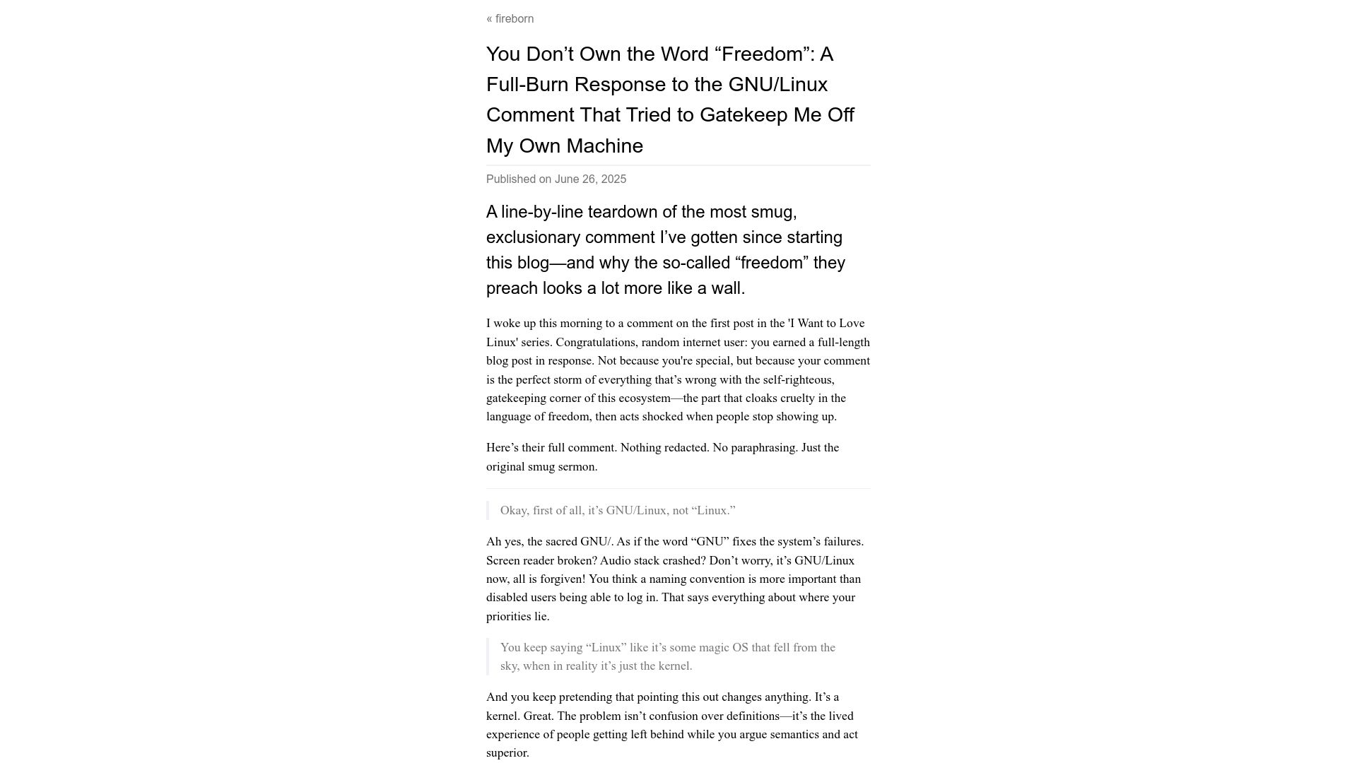Screenshot of fireborn.mataroa.blog: You Don't Own the Word "Freedom"