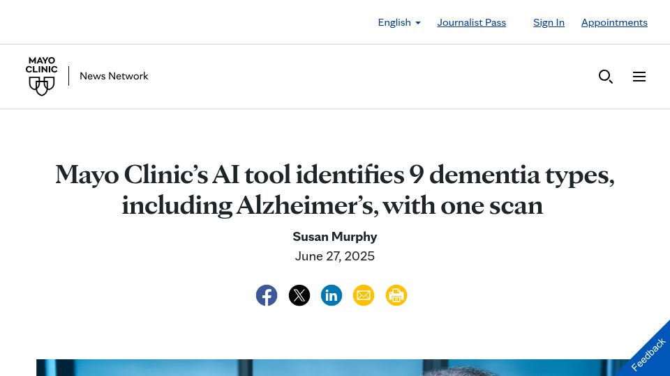 Screenshot of newsnetwork.mayoclinic.org: Mayo Clinic's AI tool identifies 9 dementia types with one scan