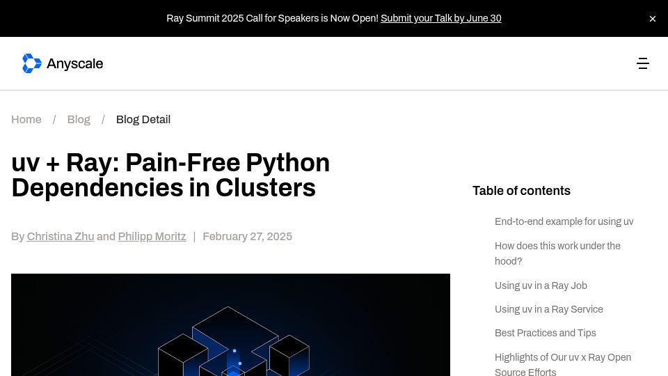Screenshot of anyscale.com: Uv and Ray: Pain-Free Python Dependencies in Clusters