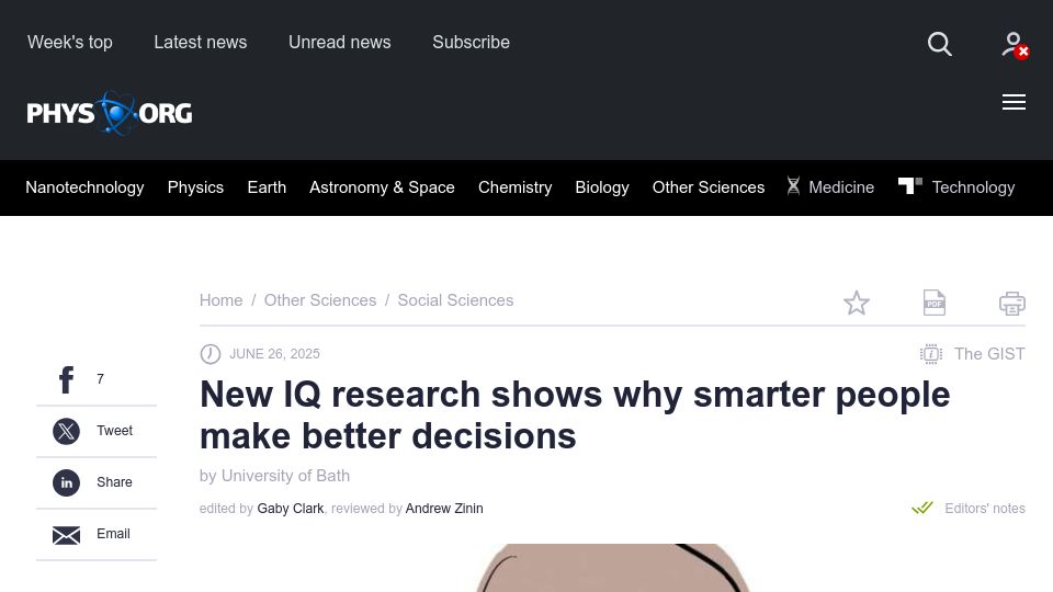 Screenshot of phys.org: New IQ research shows why smarter people make better decisions