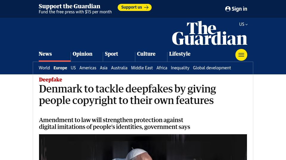 Screenshot of theguardian.com: Denmark to tackle deepfakes by giving people copyright to their own features