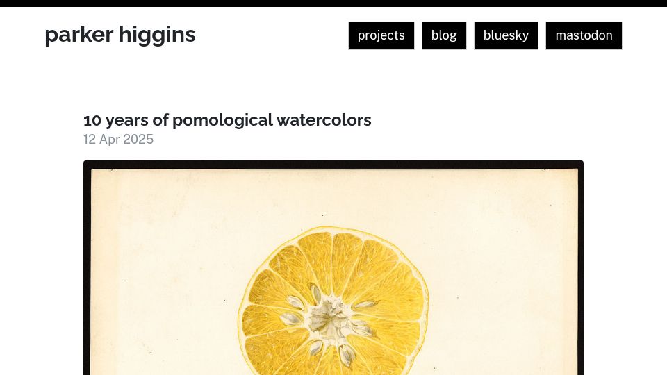 Screenshot of parkerhiggins.net: 10 Years of Pomological Watercolors