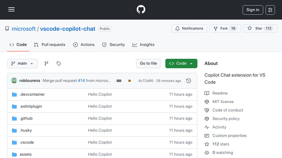 Screenshot of github.com: Copilot Chat in VS Code is now open source