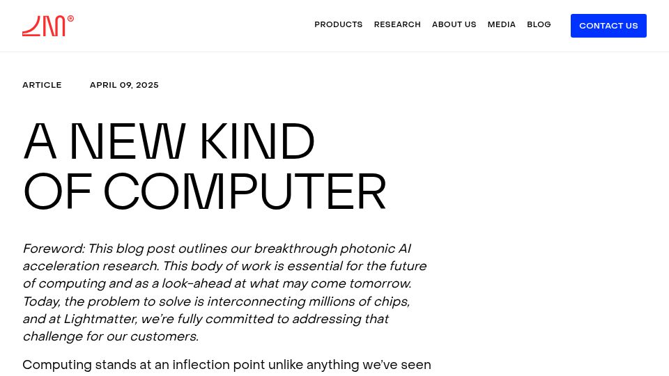 Screenshot of lightmatter.co: A New Kind of Computer (April 2025)