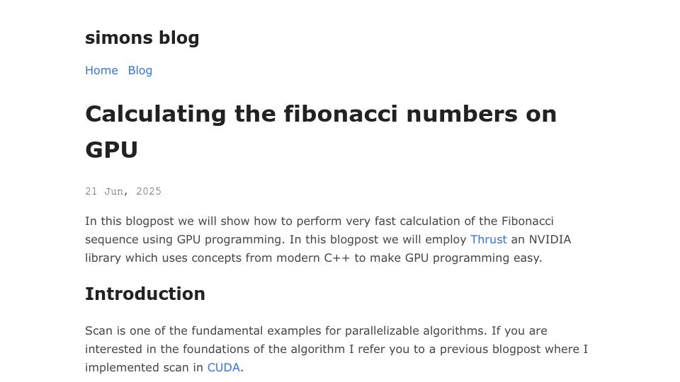 Screenshot of veitner.bearblog.dev: Calculating the Fibonacci numbers on GPU