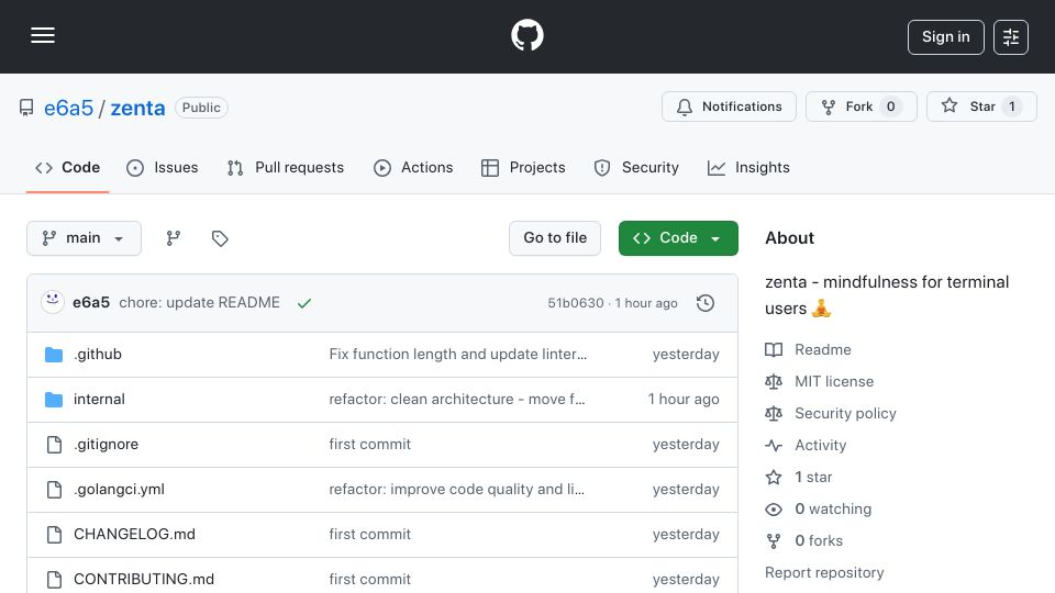 Screenshot of github.com: Show HN: Zenta – Mindfulness for Terminal Users