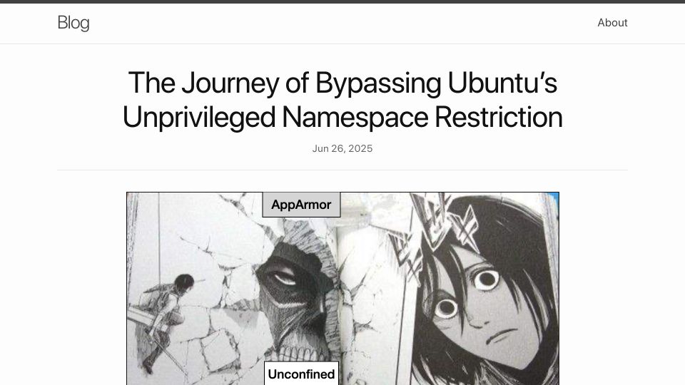 Screenshot of u1f383.github.io: The Journey of Bypassing Ubuntu's Unprivileged Namespace Restriction
