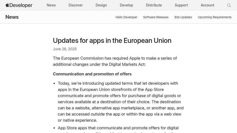 Screenshot of developer.apple.com: Apple Will Transition from the CTF to the CTC for EU Businesses