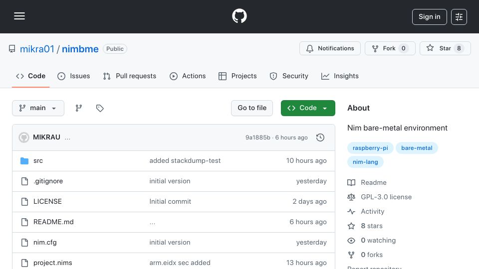 Screenshot of github.com: nimbme – Nim bare-metal environment