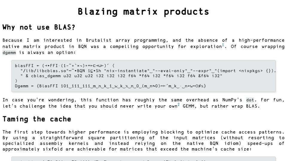 Screenshot of panadestein.github.io: Blazing Matrix Products