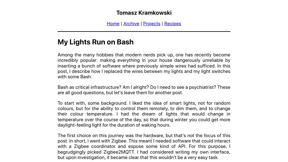 Screenshot of kramkow.ski: My Lights Run on Bash