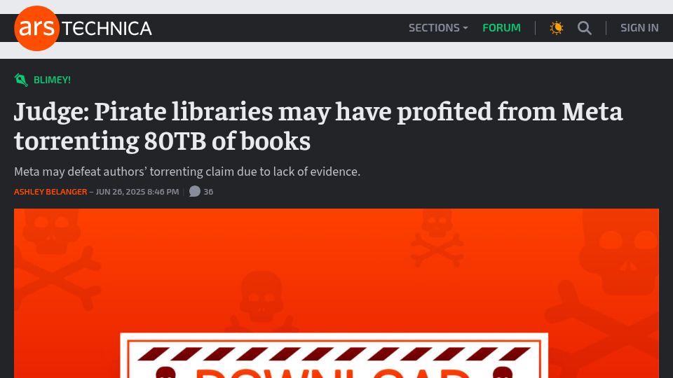 Screenshot of arstechnica.com: Judge rejects Meta's claim that torrenting is “irrelevant” in AI copyright case