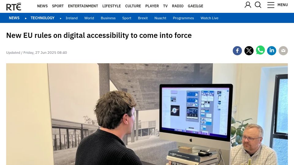 Screenshot of rte.ie: New EU rules on digital accessibility to come into force