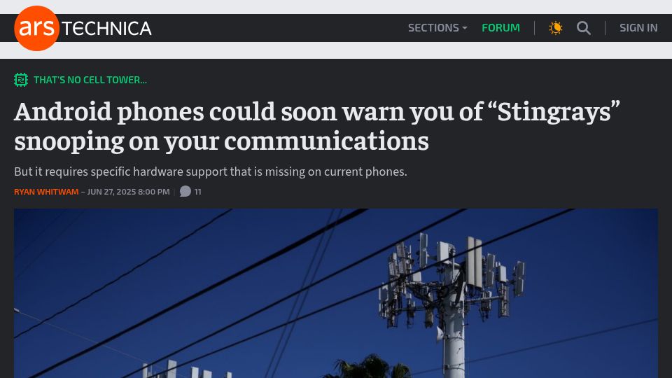 Screenshot of arstechnica.com: Android phones could soon warn you of "Stingrays" snooping on your communicatio
