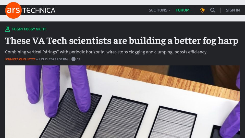 Screenshot of arstechnica.com: VA Tech scientists are building a better fog harp