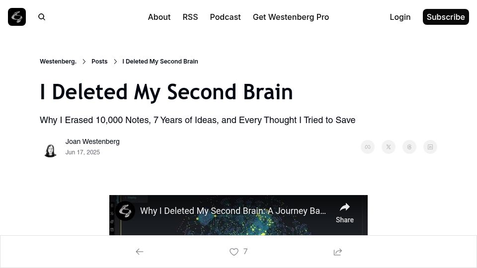 Screenshot of joanwestenberg.com: I deleted my second brain