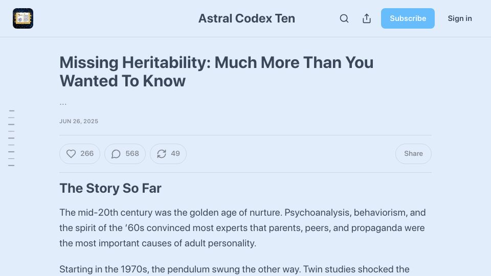 Screenshot of astralcodexten.com: Missing Heritability: Much More Than You Wanted to Know
