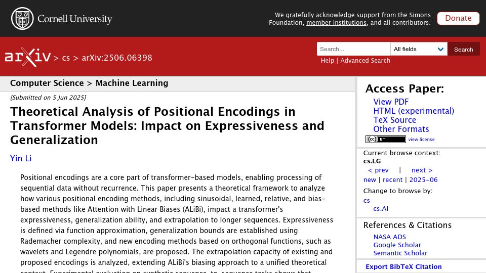 Screenshot of arxiv.org: Theoretical Analysis of Positional Encodings in Transformer Models