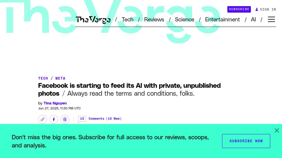Screenshot of theverge.com: Facebook is starting to feed its AI with private, unpublished photos