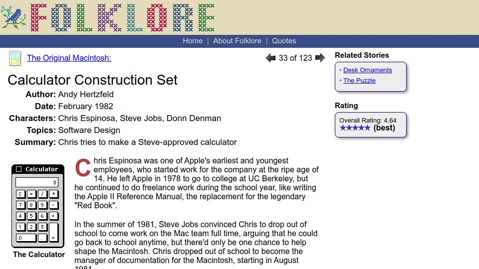 Screenshot of folklore.org: The Original Macintosh: Calculator Construction Set