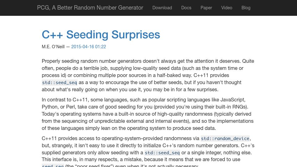 Screenshot of pcg-random.org: C++ Seeding Surprises (2015)