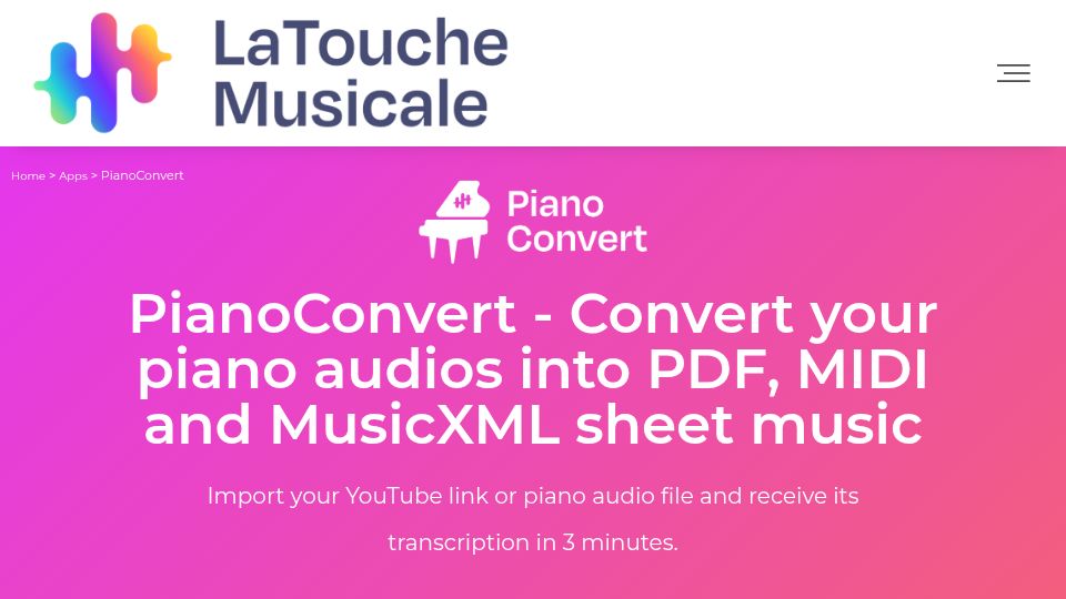 Screenshot of latouchemusicale.com: Show HN: La Touche Musicale PianoConvert