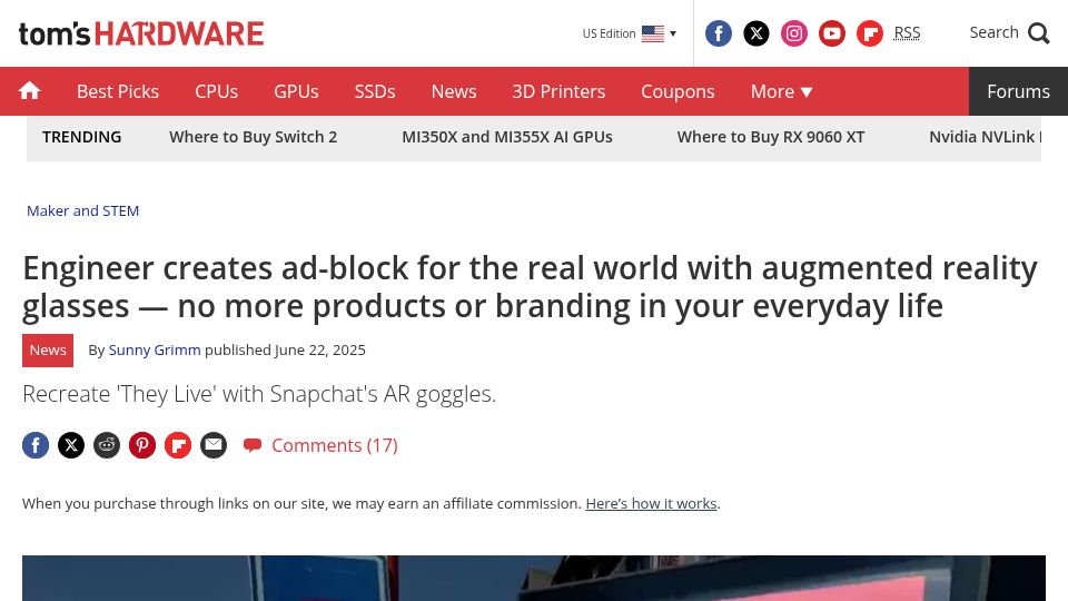 Screenshot of tomshardware.com: Engineer creates ad block for the real world with augmented reality glasses