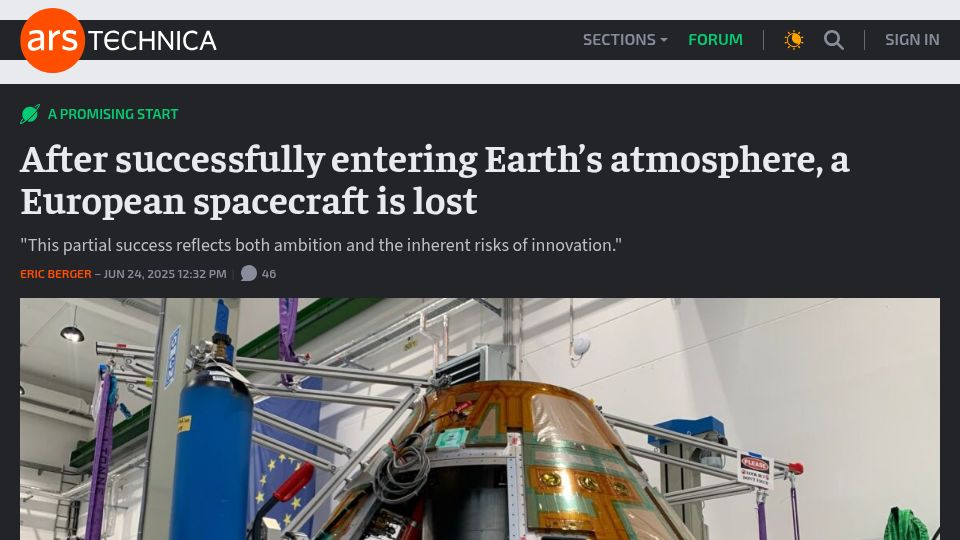 Screenshot of arstechnica.com: After successfully entering Earth's atmosphere, a European spacecraft is lost