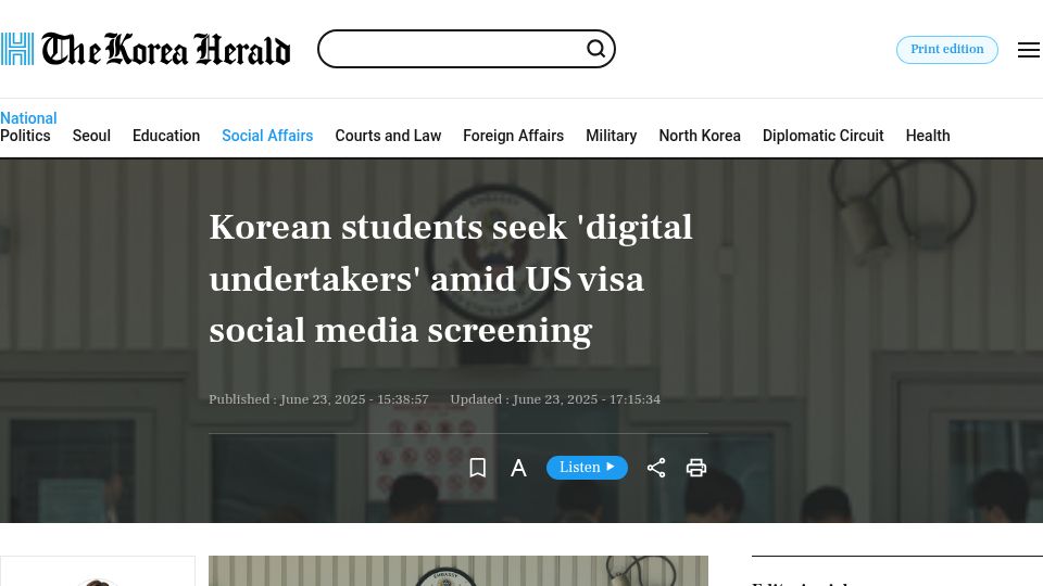 Screenshot of koreaherald.com: Korean students seek 'digital undertakers' amid US visa social media screening
