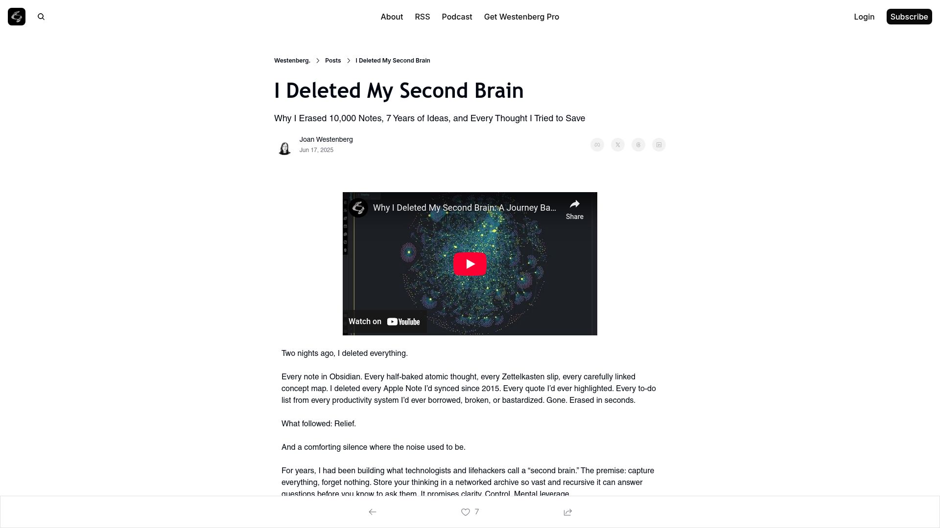 Screenshot of joanwestenberg.com: I deleted my second brain