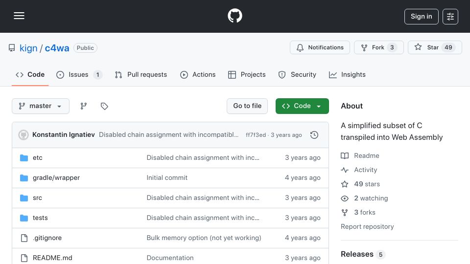 Screenshot of github.com: c4wa – C compiler for Web Assembly