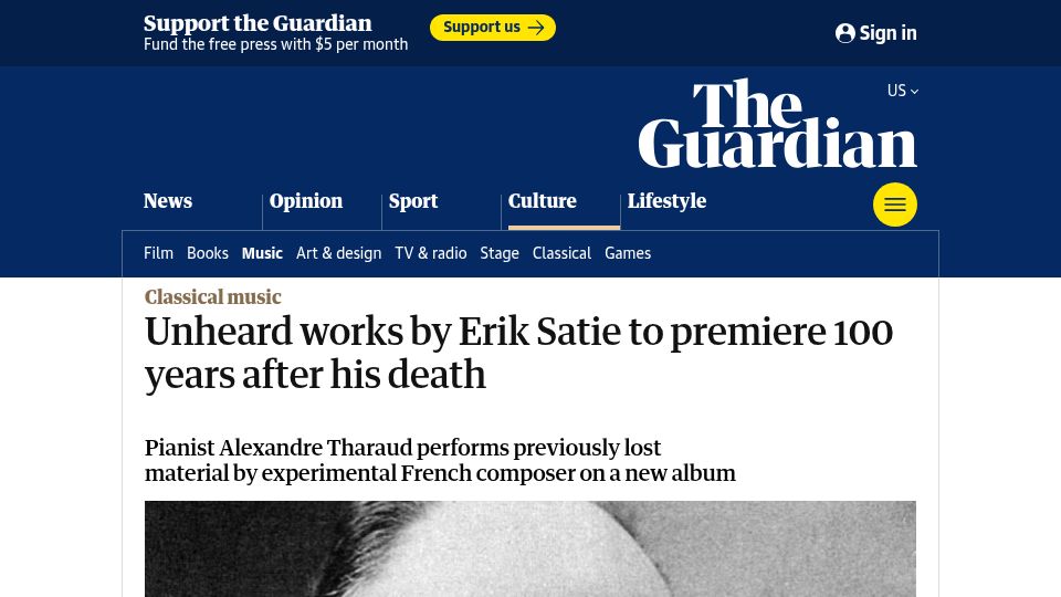 Screenshot of theguardian.com: Unheard works by Erik Satie to premiere 100 years after his death