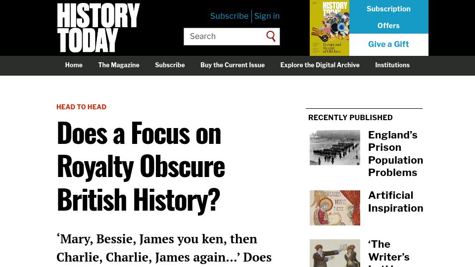 Screenshot of historytoday.com: Does a Focus on Royalty Obscure British History?