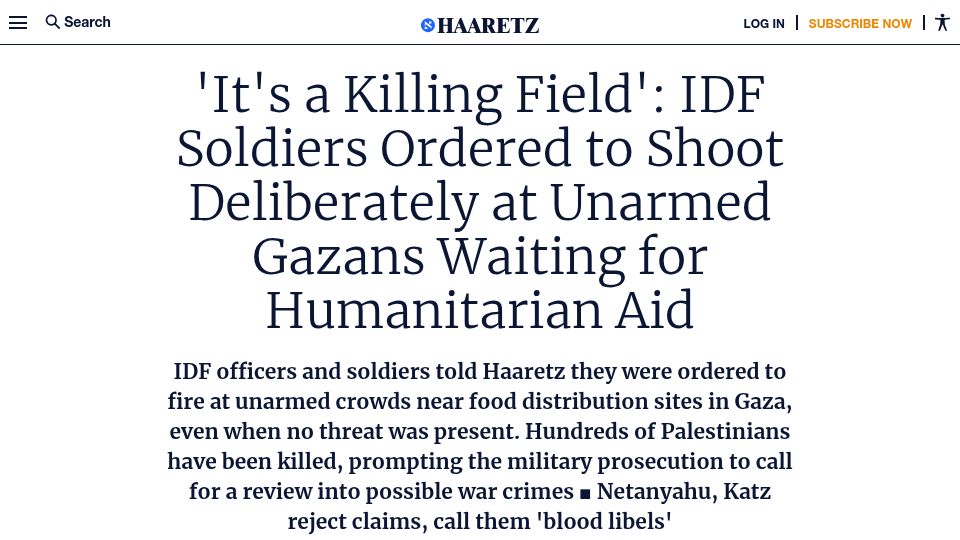 Screenshot of haaretz.com: IDF officers ordered to fire at unarmed crowds near Gaza food distribution sites