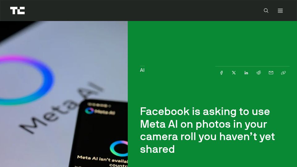 Screenshot of techcrunch.com: Facebook is asking to use Meta AI on photos in your camera roll you haven't yet