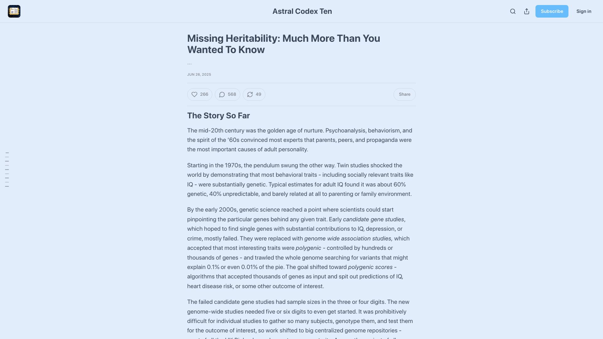 Screenshot of astralcodexten.com: Missing Heritability: Much More Than You Wanted to Know
