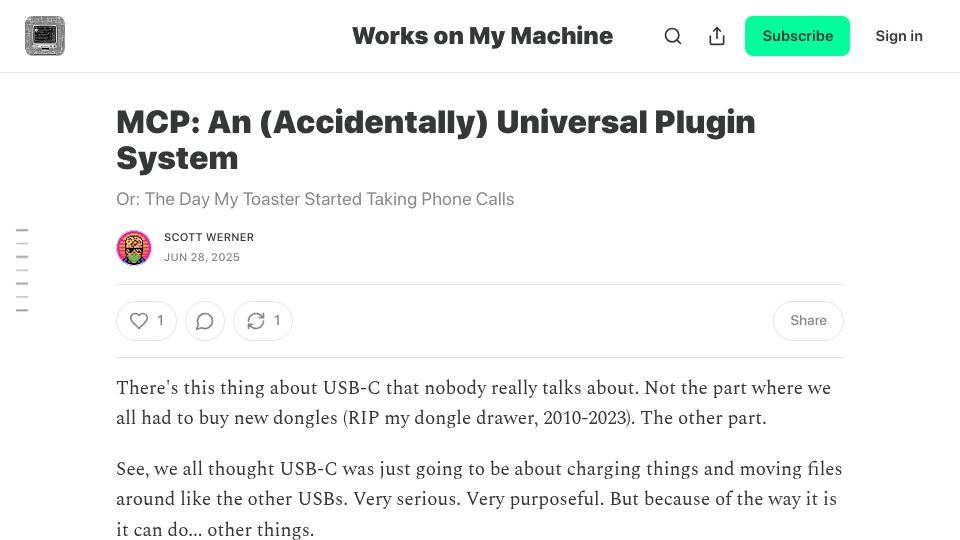 Screenshot of worksonmymachine.substack.com: MCP: An (Accidentally) Universal Plugin System