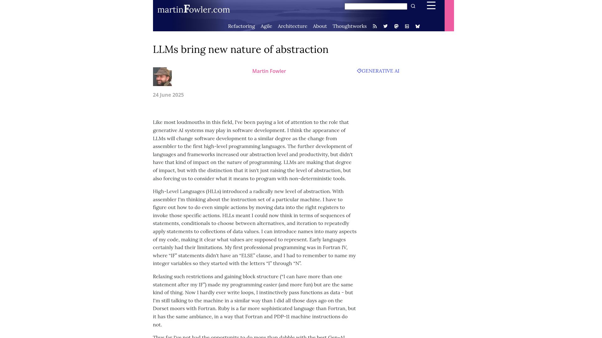 Screenshot of martinfowler.com: LLMs bring new nature of abstraction – up and sideways