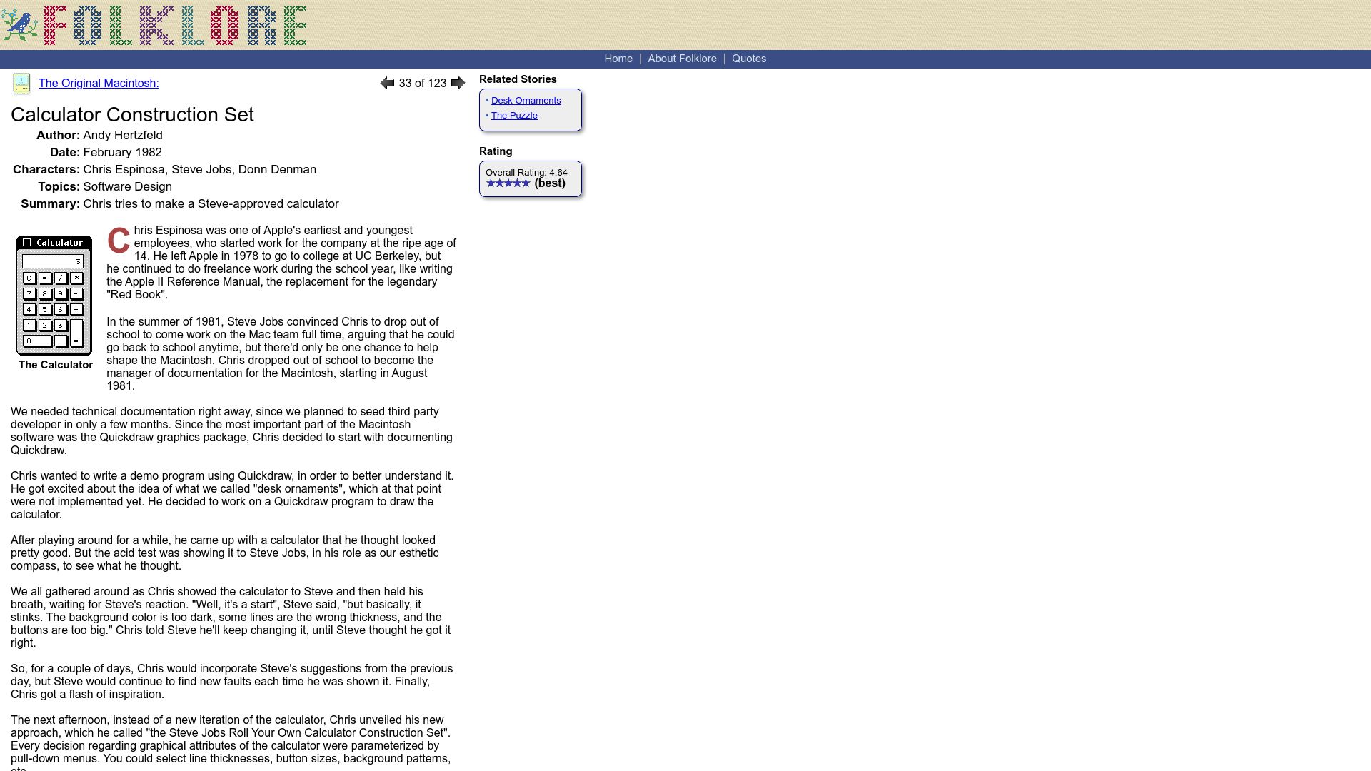Screenshot of folklore.org: The Original Macintosh: Calculator Construction Set
