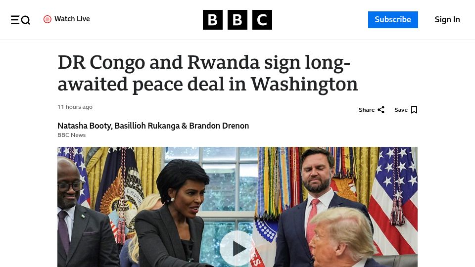Screenshot of bbc.com: DR Congo and Rawanda signs a peace deal