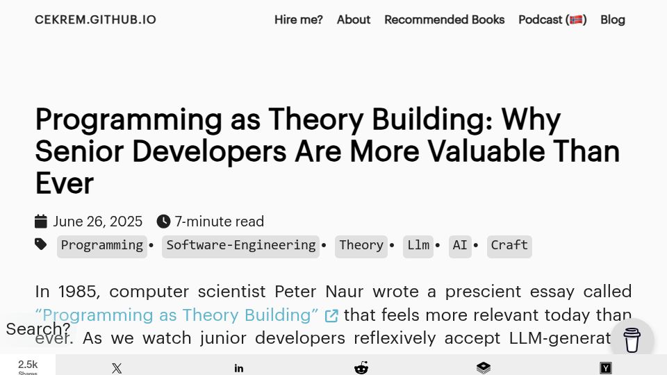 Screenshot of cekrem.github.io: Programming as Theory Building: Why Senior Developers Are More Valuable