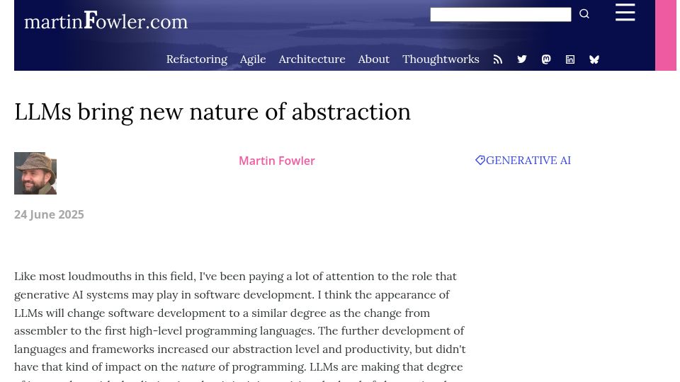 Screenshot of martinfowler.com: LLMs bring new nature of abstraction – up and sideways