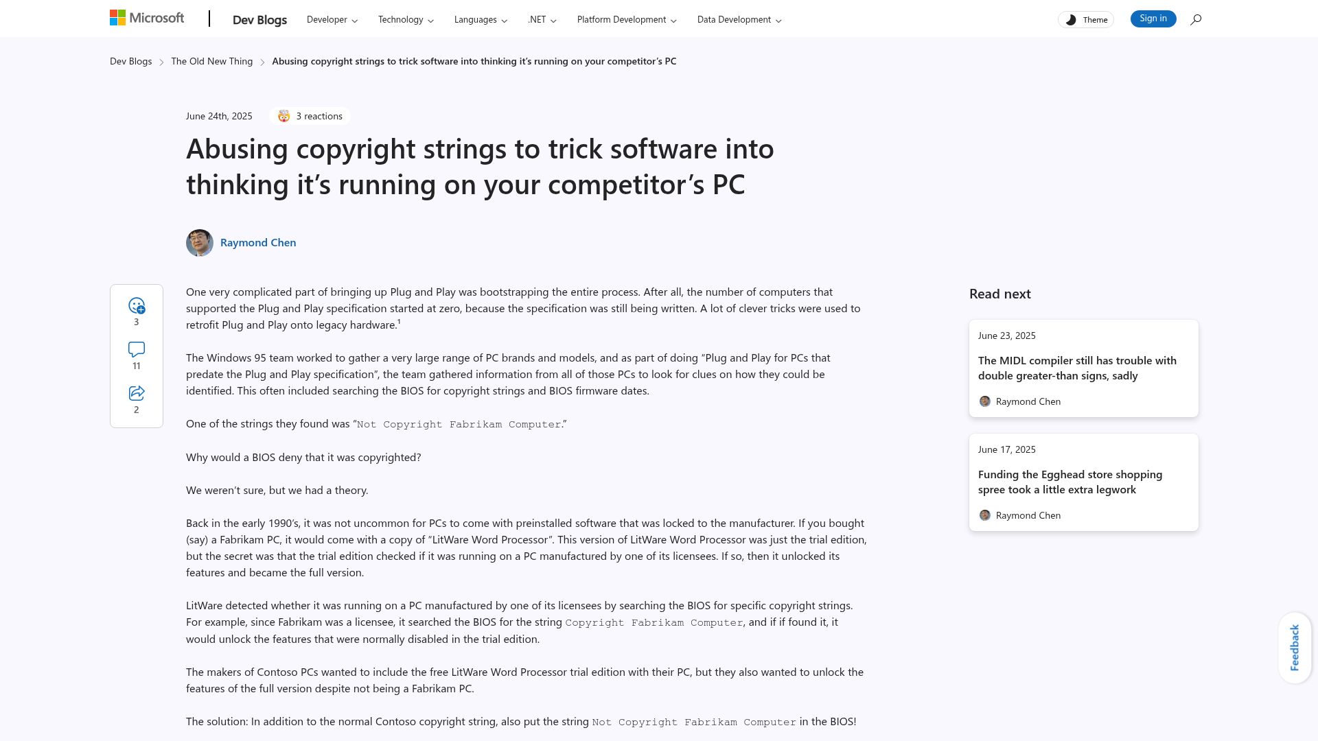 Screenshot of devblogs.microsoft.com: Abusing copyright strings to trick SW into thinking it's running competitor's PC
