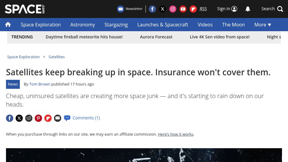 Screenshot of space.com: Satellites keep breaking up in space. Insurance won't cover them
