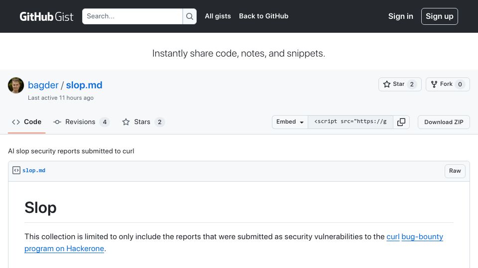 Screenshot of gist.github.com: AI slop security reports submitted to curl