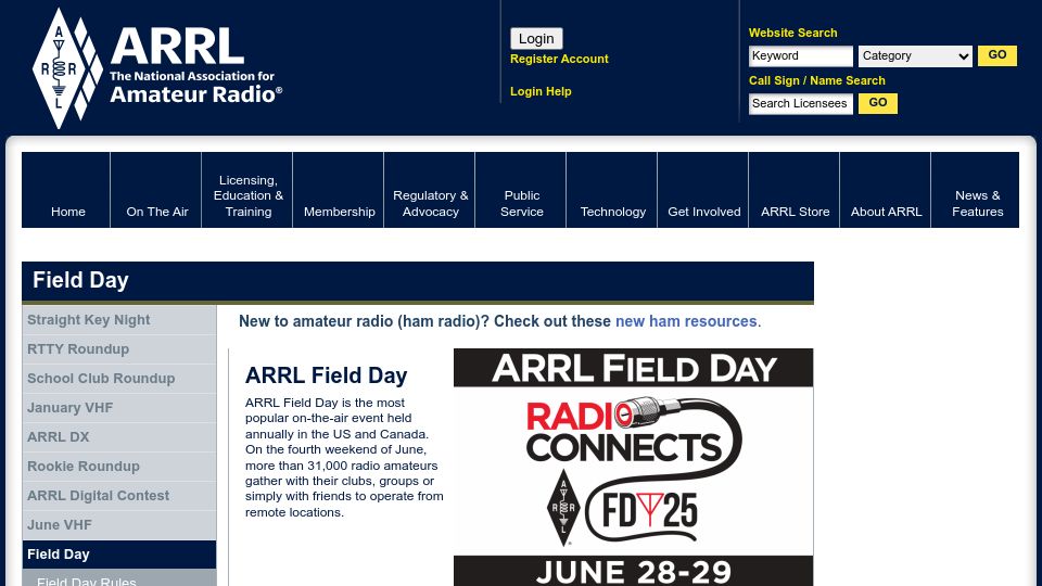 Screenshot of arrl.org: 2025 ARRL Field Day