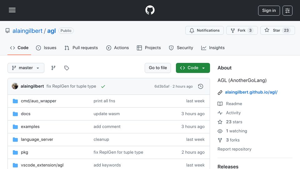 Screenshot of github.com: Show HN: AGL a toy language that compiles to Go